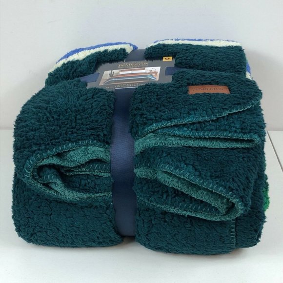 Pendleton Sherpa Fleece Blanket Evergreen Stripe Queen New 98 X 92 Inches Soft - Picture 11 of 12